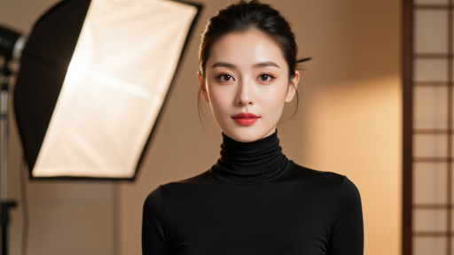 Photoshop人像精修课程封面,展示前后对比效果,背景为工作室灯光,高清图像